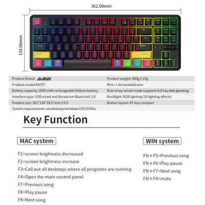 Ajazz K870T 87-Key Hot Swap Bluetooth/Wired Dual Mode RGB Backlight Office Game Mechanical Keyboard Green Shaft (Black) - Wireless Keyboard by Ajazz | Online Shopping UK | buy2fix