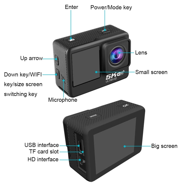 5K/30FPS WIFI HD Anti-Shake Remote Touch Dual-Screen IP68 Waterproof Sports Camera, Style: Black - Other Camera by buy2fix | Online Shopping UK | buy2fix