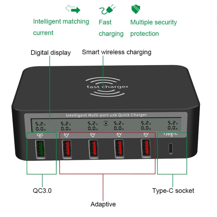 818F 5 USB Ports + Type-C Multifunctional Multi-Port Wireless Charger, Style: US Plug (Black) - Multifunction Charger by buy2fix | Online Shopping UK | buy2fix