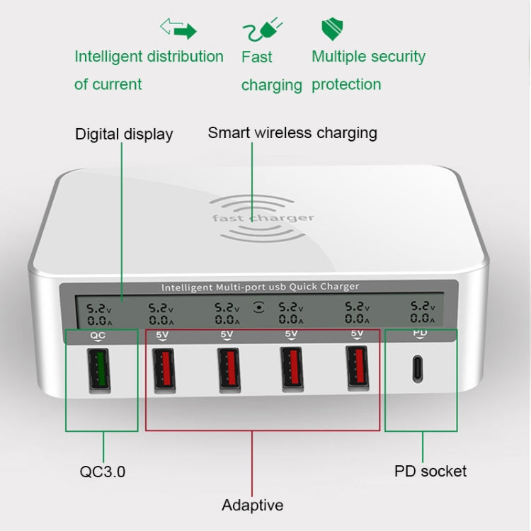 818PF 5 USB Ports + Type-C Smart Digital Display Wireless Phone Charger, Style: EU Plug (Black) - Multifunction Charger by buy2fix | Online Shopping UK | buy2fix