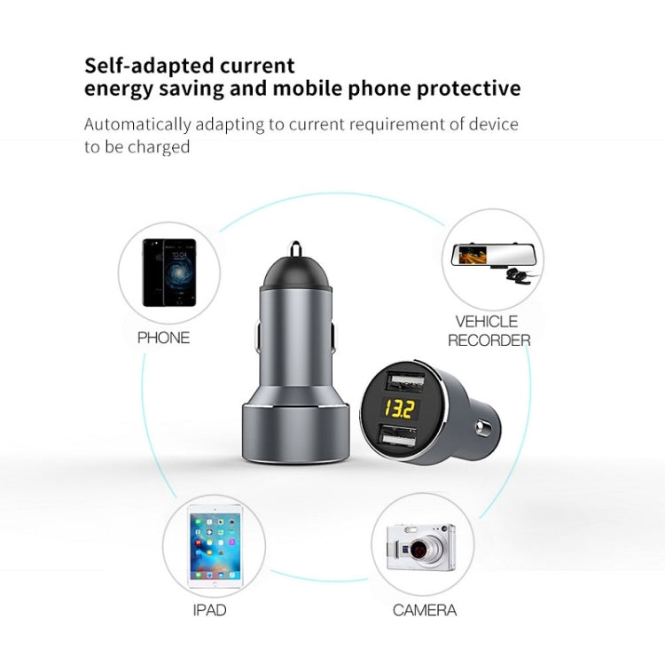 Mini Multifunctional Dual USB Digital Display Car Charger(Grey) - Car Charger by buy2fix | Online Shopping UK | buy2fix