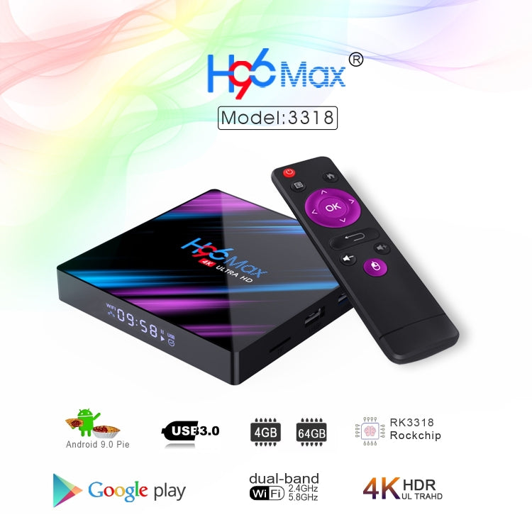 H96 Max-3318 4K Ultra HD Android TV Box with Remote Controller, Android 9.0, RK3318 Quad-Core 64bit Cortex-A53, WiFi 2.4G/5G, Bluetooth 4.0, 4GB+64GB - Consumer Electronics by buy2fix | Online Shopping UK | buy2fix